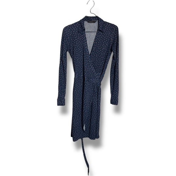 The Limited Navy Long Sleeve Printed Mini Wrap Dress With Collar - Picture 11 of 14
